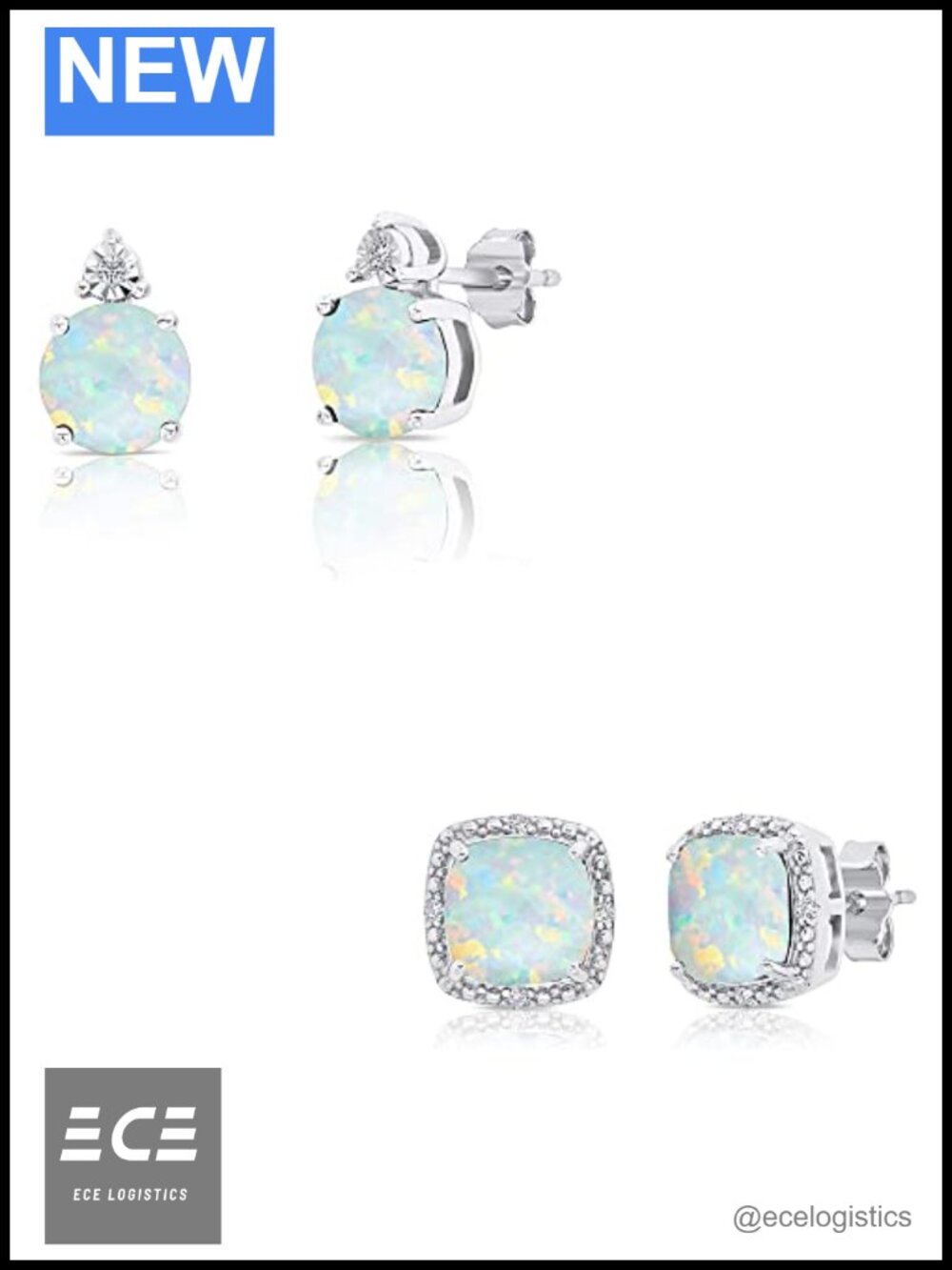 925 Sterling Silver Opal Cushion Cut Diamond Accent Stud Earrings